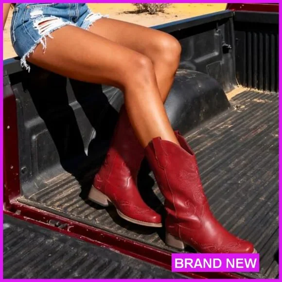 Square Toe Cowgirl Boots Chunky Heel Mid Calf Western Embroidered Stitched Pull - Picture 3 of 7